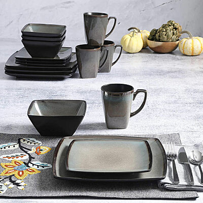 16-Piece Dining Glazed Square Dinnerware Plates Bowls Mugs Set