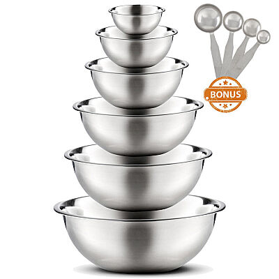 Kitchen Large Stainless Steel 6 Pcs Mixing Bowl Measuring Spoons Set