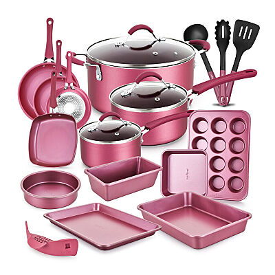 20 Pieces Pink Nonstick Cooking Kitchen Cookware Pots and Pans Set