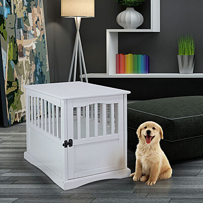 White Home Solid Wood Lockable Gate Door Pet Crate and End Side Table
