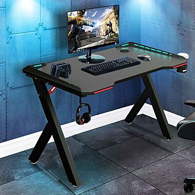 Z-Shaped Computer Gaming Desk w/ RGB LED Lights Home Racing Table